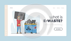 E-waste Recycling, Nature Protection Landing Page Template. Male Character Throw Broken TV to Litter Bin for Technics photo