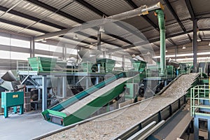 e-waste recycling plant, with bins and conveyor belts for sorting recyclable materials