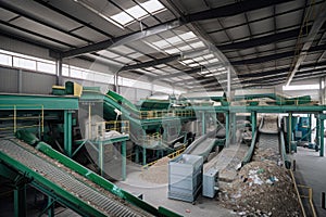 e-waste recycling plant, with bins and conveyor belts for sorting recyclable materials