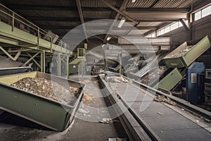 e-waste recycling plant, with bins and conveyor belts for sorting recyclable materials