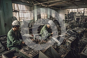 e-waste recycling plant, with teams of workers sorting and repairing used technology