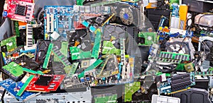 E-waste recycling. Used computer parts. Electronic, plastic and metal refuse