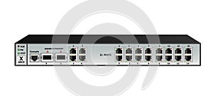 E1 multiplexer switch for Ethernet streams and packets. Has 2 SFP ports, 4 Ethernet ports RJ45, 16 E1 ports RJ45.