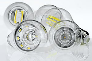 E27 bulbs with different LED chips and light scattering