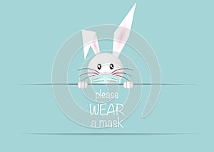 Happy Easter white bunny rabbit Wear a protective face mask against covid-19. Coronavirus alert for Easter card, banner sign