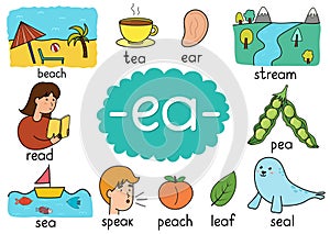 Ea digraph spelling rule educational poster for kids with words. Learning phonics