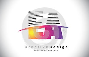 EA E A Letter Logo Design With Creative Lines and Swosh in Purple Brush Color.