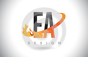 EA E A Letter Logo with Fire Flames Design and Orange Swoosh.