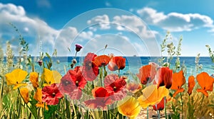 each sand wild field flowers poppy flowers,blue sky on horizon sea water ,nature landscape