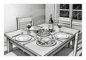 Each setting includes a plate, knife, and fork with a glass of red wine