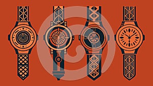 Each watch is a unique piece of craftsmanship with etched patterns and intricate bands.. Vector illustration.