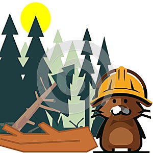 Eager beaver hardhat fallen log toppled forest vector logo illustration design