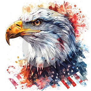 An eagle against a faded American flag surrounded by pops of color