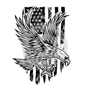 Eagle on american flag background. Design element for logo, emblem, sign, poster, t shirt.