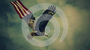 Eagle With American Flag Flies In Freedom. AI Generative