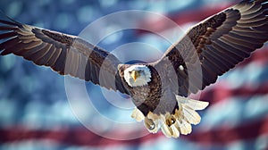 Eagle With American Flag Flies In Freedom. AI Generative