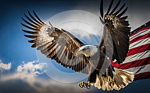 Eagle With American Flag Flies In Freedom, blurred blue sky background, in morning, generative AI