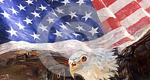 Eagle With American Flag Flies In Freedom. Digital Art Painting. Oil Paint Effect