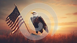 Eagle With American Flag Flies In Freedom At Sunset - Vintage Toned, generative ai