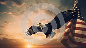 Eagle With American Flag Flies In Freedom At Sunset - Vintage Toned, generative ai