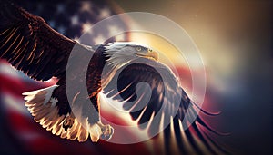 Eagle With American Flag Flies In The Sky With Blurred Bokeh And Sunlight Effect - Independence Day . Generate Ai.