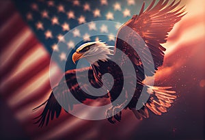 Eagle With American Flag Flies In The Sky With Blurred Bokeh And Sunlight Effect - Independence Day . Generate Ai.