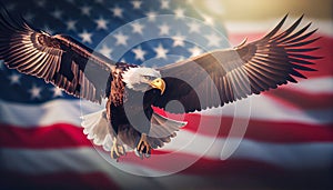 Eagle With American Flag Flies In The Sky With Blurred Bokeh And Sunlight Effect - Independence Day . Generate Ai.