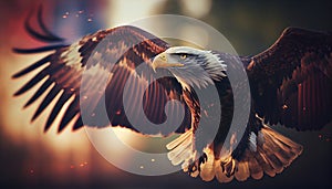 Eagle With American Flag Flies In The Sky With Blurred Bokeh And Sunlight Effect - Independence Day . Generate Ai.