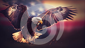 Eagle With American Flag Flies In The Sky With Blurred Bokeh And Sunlight Effect - Independence Day . Generate Ai.