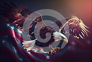 Eagle With American Flag Flies In The Sky With Blurred Bokeh And Sunlight Effect - Independence Day . Generate Ai.