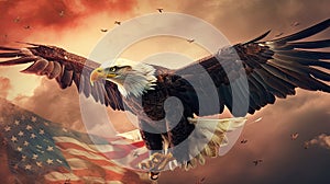 An eagle with an American flag in its paws flies in the sky