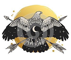 Soaring bird of prey. Vector hand drawn illustration.