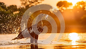 the eagle attacking fish in the lake at sunset