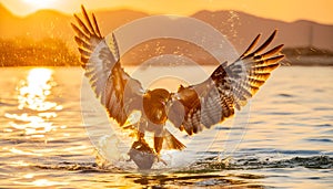 the eagle attacking fish in the lake at sunset