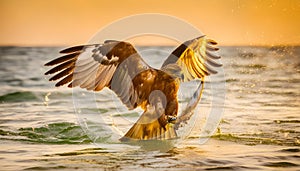 the eagle attacking fish in the lake at sunset
