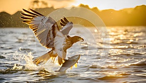 the eagle attacking fish in the lake at sunset