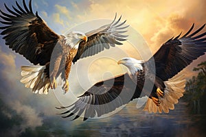 Eagle beauty of eagles soaring in the sky, bald eagle flying on blurred background, AI generated