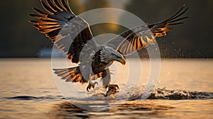 Eagle bird flying at nature lake on sunset sky background. Aninmal and freedom concept. Generative ai