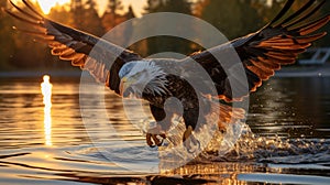 Eagle bird flying at nature lake on sunset sky background. Aninmal and freedom concept. Generative ai