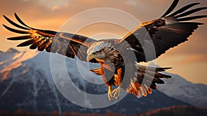 Eagle bird flying at nature lake on sunset sky background. Aninmal and freedom concept. Generative ai