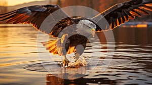 Eagle bird flying at nature lake on sunset sky background. Aninmal and freedom concept. Generative ai