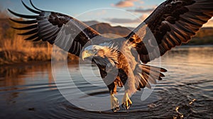 Eagle bird flying at nature lake on sunset sky background. Aninmal and freedom concept. Generative ai