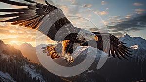 Eagle bird flying at nature lake on sunset sky background. Aninmal and freedom concept. Generative ai