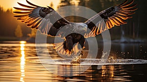 Eagle bird flying at nature lake on sunset sky background. Aninmal and freedom concept. Generative ai