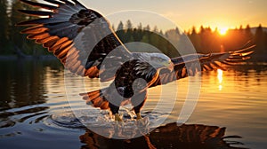 Eagle bird flying at nature lake on sunset sky background. Aninmal and freedom concept. Generative ai