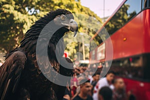 The Eagle is a bird of prey, Flamengo fans following their bus. Huge vulture, AI Generated