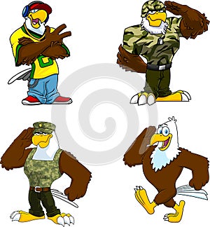 Eagle Cartoon Characters. Vector Hand Drawn Collection Set