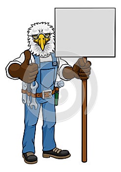 Eagle Cartoon Mascot Handyman Holding Sign