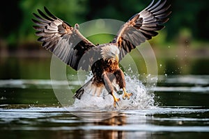 Eagle catching fish in a lake created with generative AI technology