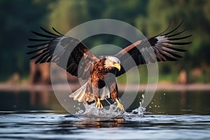 Eagle catching fish in a lake created with generative AI technology